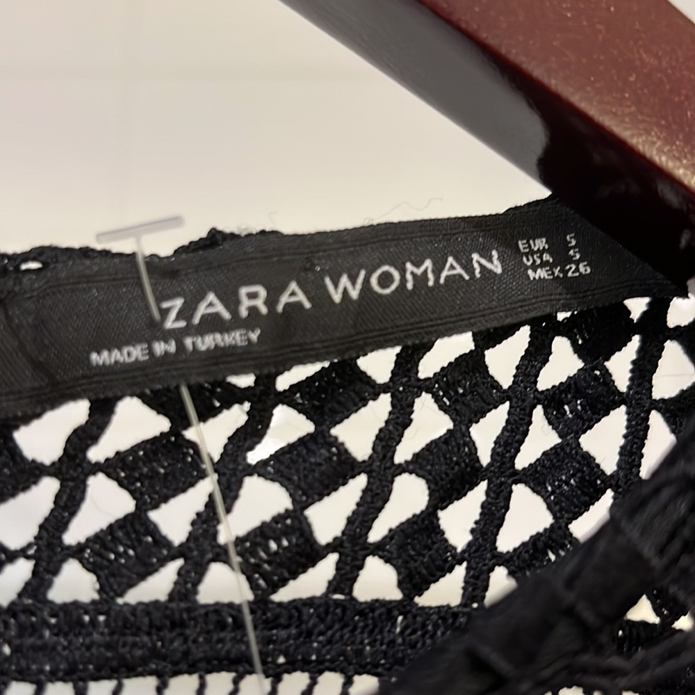 ZARA Black Lattice Crochet Lace Long Sleeve Midi Shift Dress - Picture 9 of 10